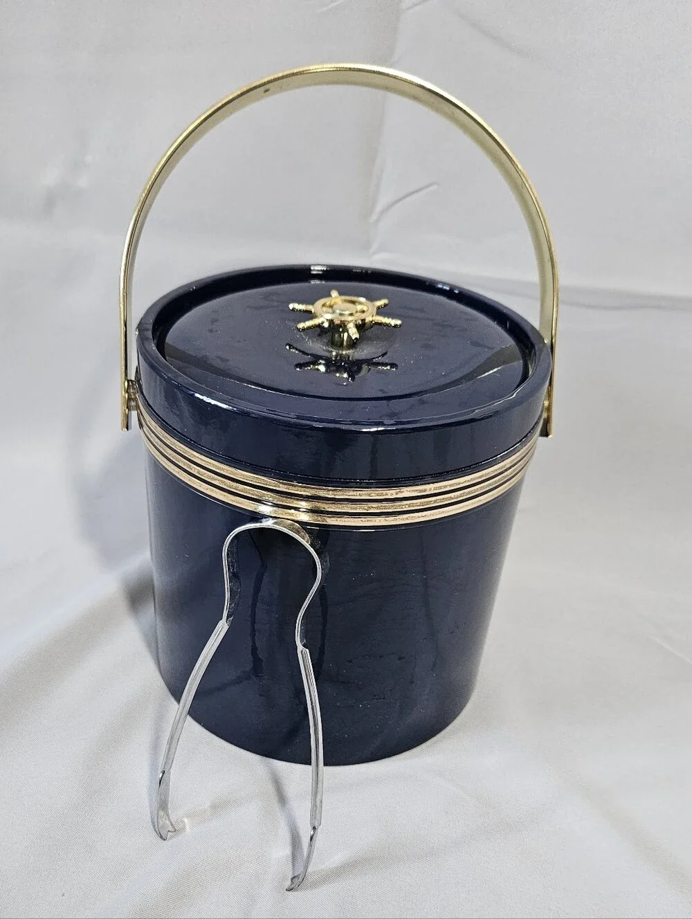 VTG MCM Nautical Navy Gold Ice Bucket/Tongs Summer Fisherman Barware Home Decor